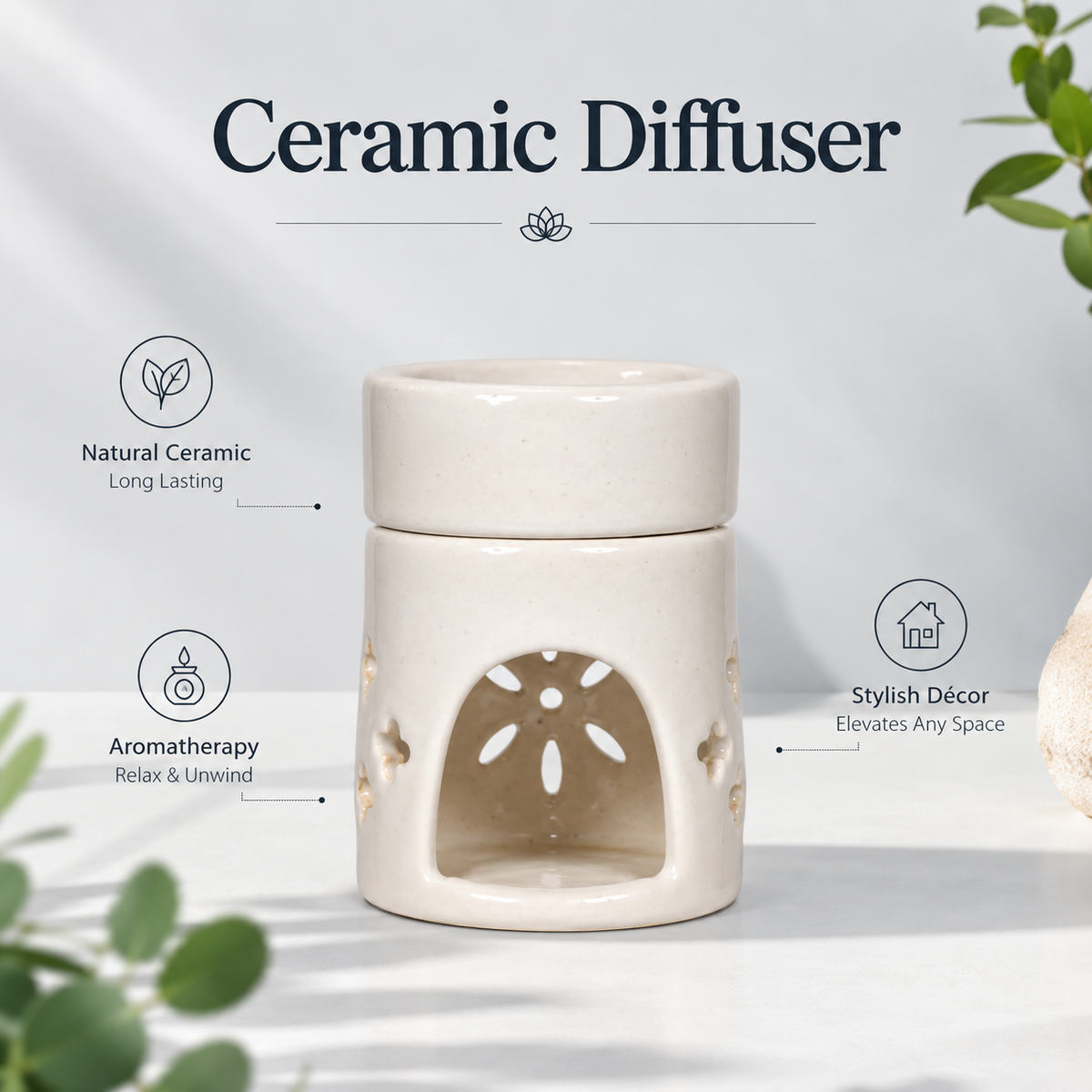 White Ceramic Aroma Oil Burner | Elegant Round Top Diffuser for Meditation, Yoga & Aromatherapy- 4  inches