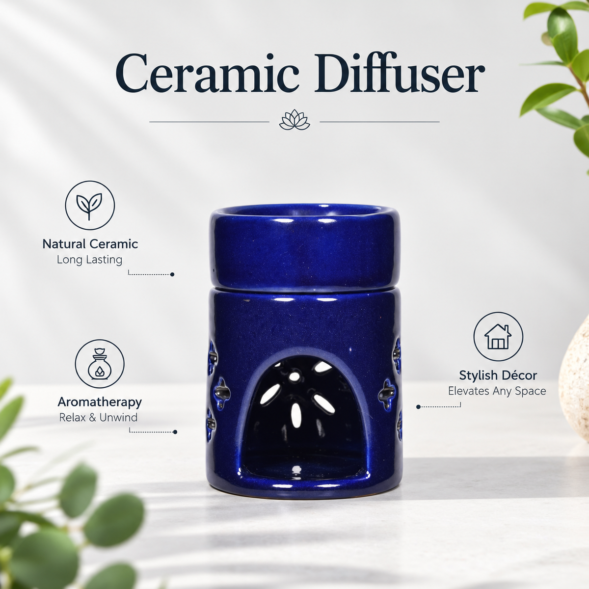 Round Ceramic Aroma Oil Burner (Dark Blue) for Essential Oils & Camphor - 4 inches