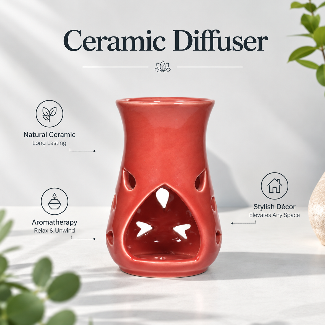Red Ceramic Aroma Oil Burner for Essential Oils & Camphor-5 inches (5669145)