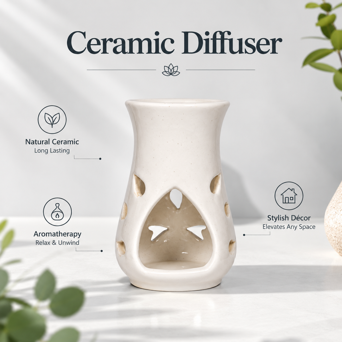 White Ceramic Aroma Oil Burner | Elegant Fragrance Diffuser with Tealight Holder- 5 inches