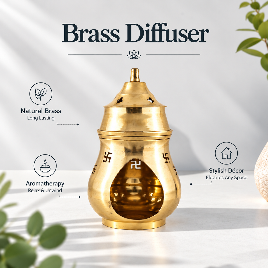 Brass Aroma Oil Burner with Lid & Swastik Design | Camphor & Essential Oil Diffuser -5.5 inches
