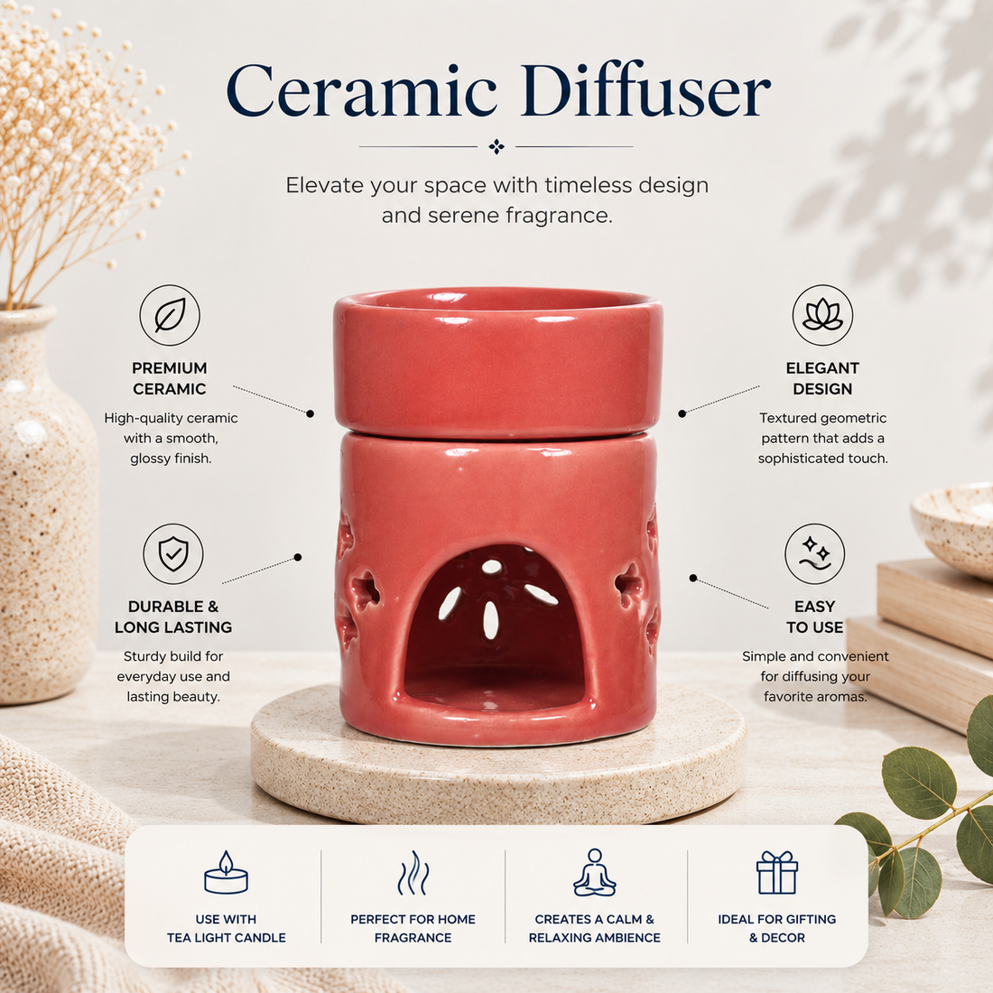 Ceramic Aroma Oil Diffuser Burner – Multipurpose Fragrance Lamp with Tealight Holder for Aromatherapy, Meditation, Spa, and Healing – 4 Inches