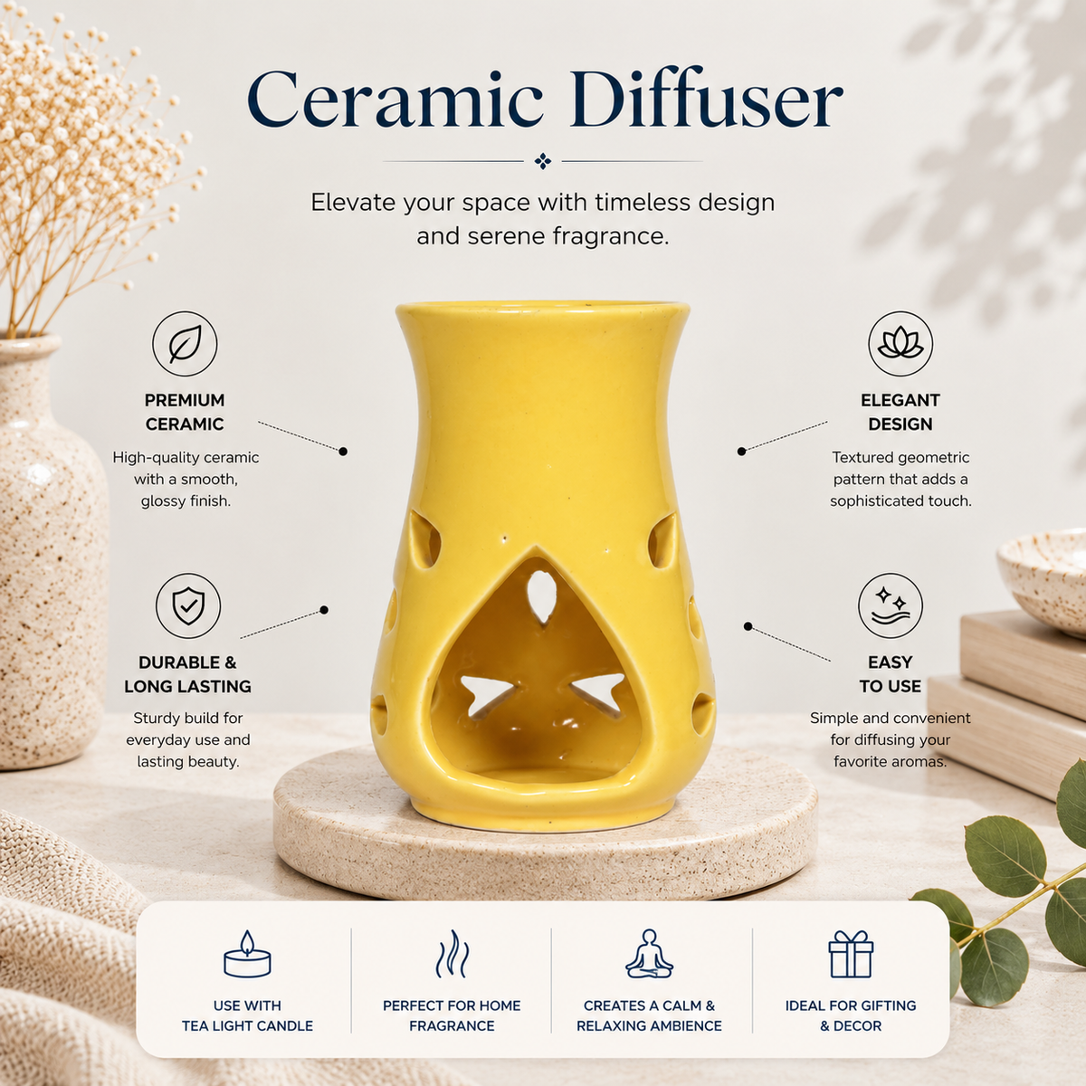 Yellow Ceramic Aroma Oil Burner with Essential Oils | Aromatherapy Diffuser for Home, Spa & Meditation-5 Inches