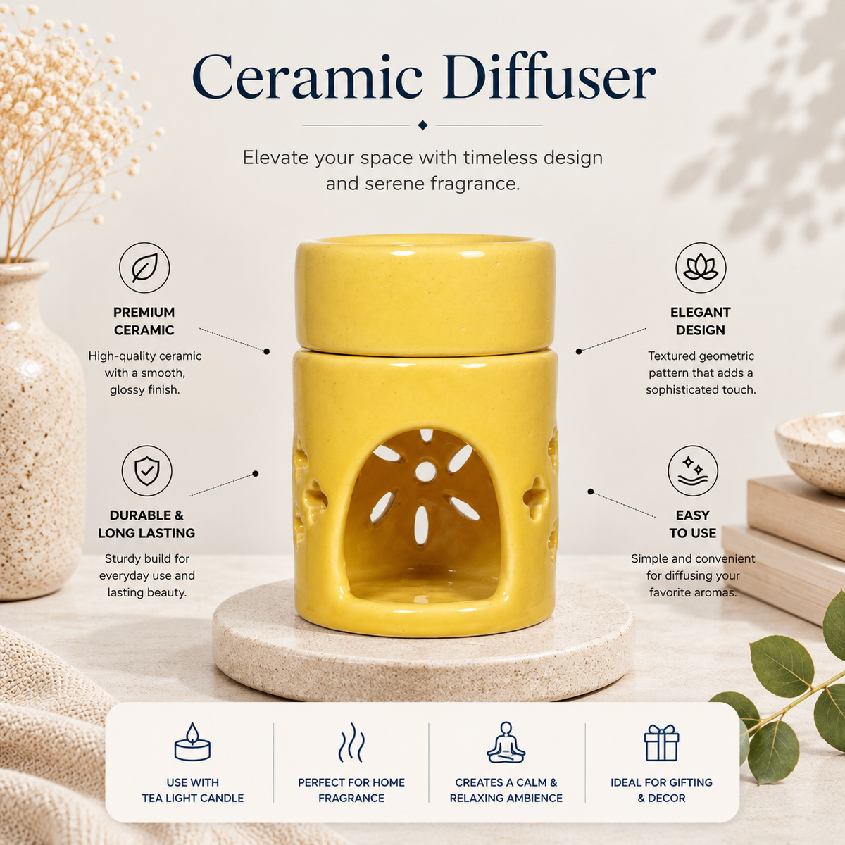Round Top Yellow Ceramic Aroma Oil Burner | Stress Relief & Aromatherapy Diffuser for Meditation, Spa & Home- 4 inches