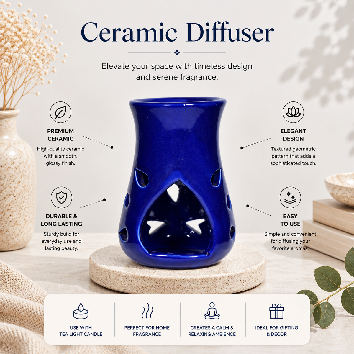 Ceramic Aroma Oil Burner for Camphor & Essential Oils | Blue Fragrance Diffuser-5 inches