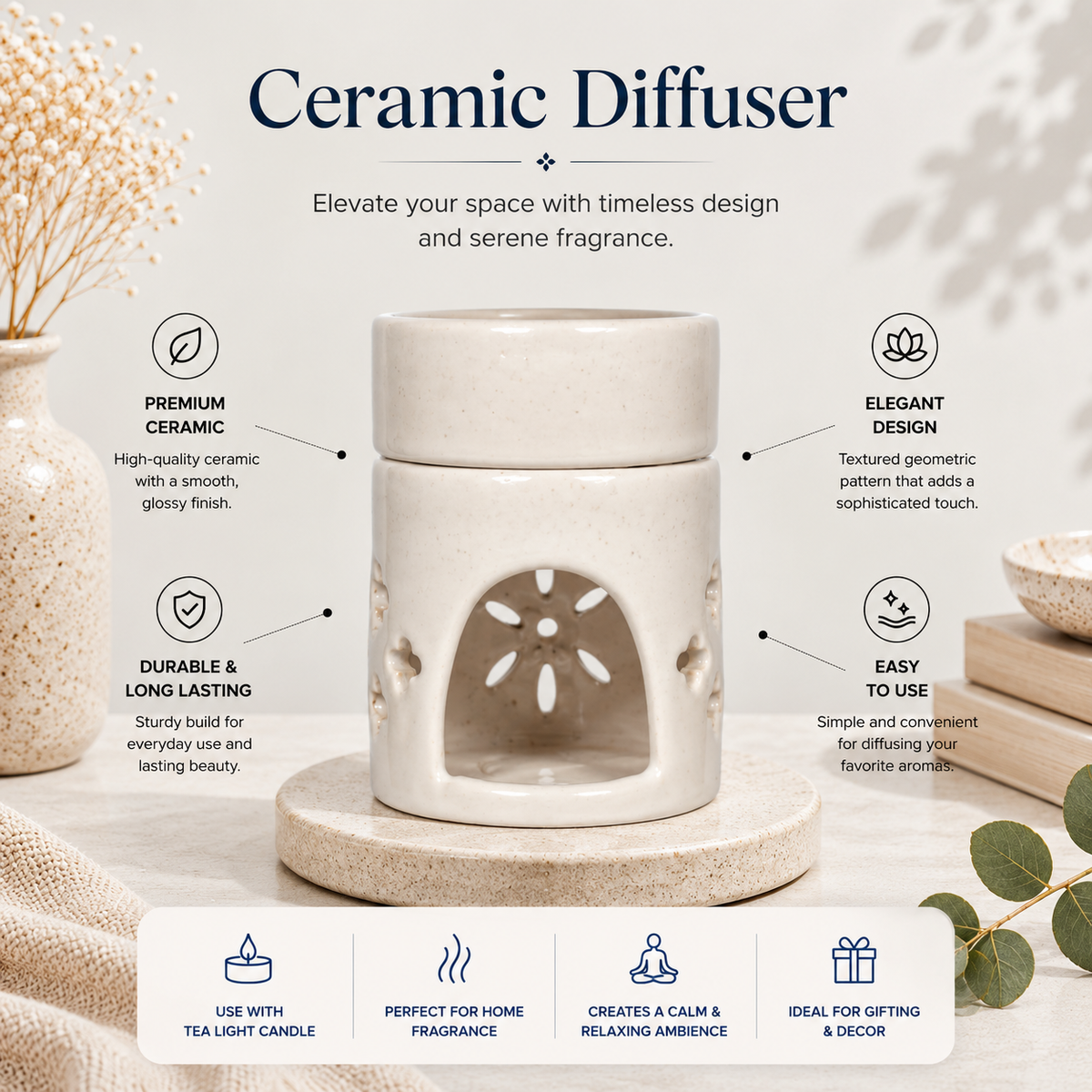 White Ceramic Aroma Oil Burner | Elegant Round Top Diffuser for Meditation, Yoga & Aromatherapy- 4  inches