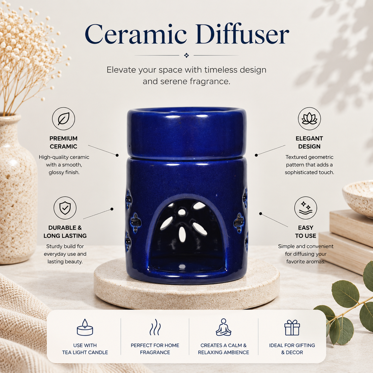 Round Ceramic Aroma Oil Burner (Dark Blue) for Essential Oils & Camphor - 4 inches
