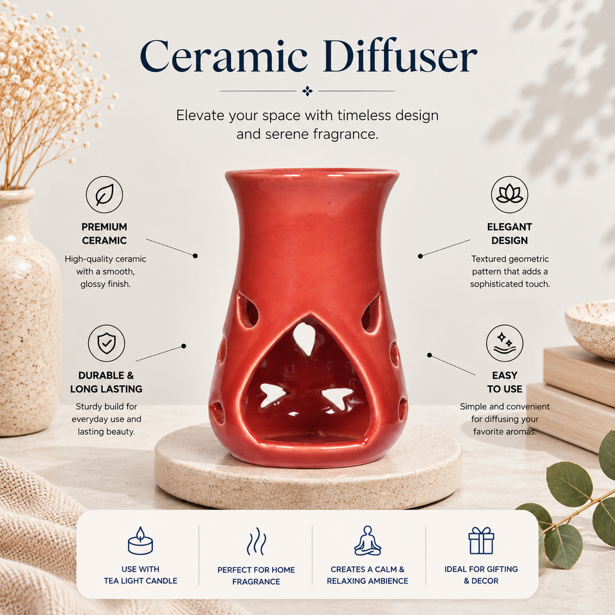 Red Ceramic Aroma Oil Burner for Essential Oils & Camphor-5 inches (5669145)