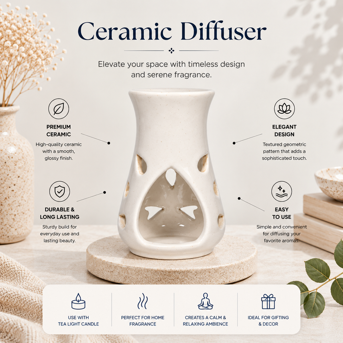 White Ceramic Aroma Oil Burner | Elegant Fragrance Diffuser with Tealight Holder- 5 inches