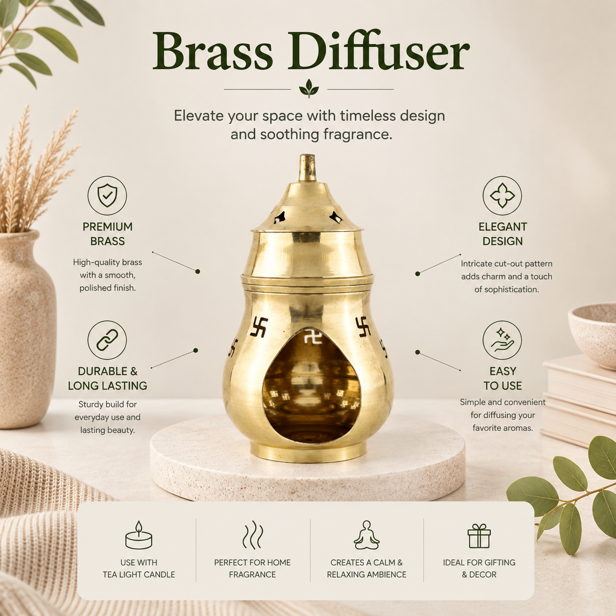Brass Aroma Oil Burner with Lid & Swastik Design | Camphor & Essential Oil Diffuser -5.5 inches