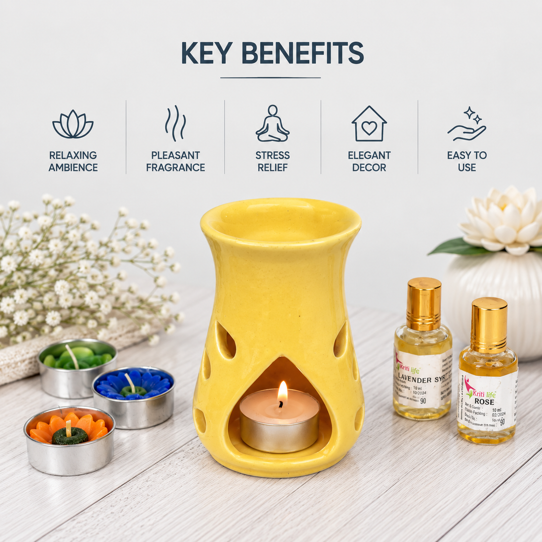 Yellow Ceramic Aroma Oil Burner with Essential Oils | Aromatherapy Diffuser for Home, Spa & Meditation-5 Inches