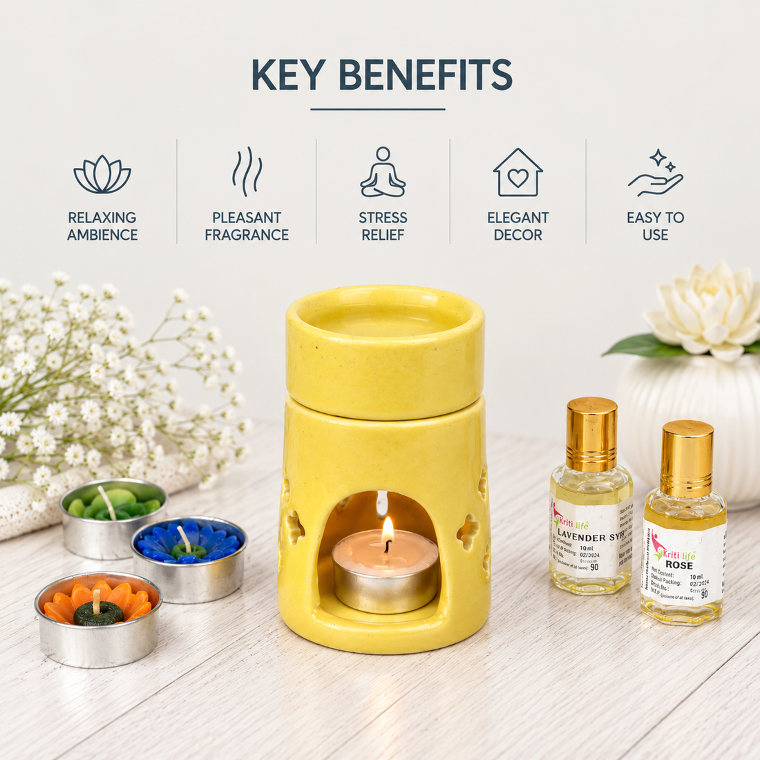 Round Top Yellow Ceramic Aroma Oil Burner | Stress Relief & Aromatherapy Diffuser for Meditation, Spa & Home- 4 inches