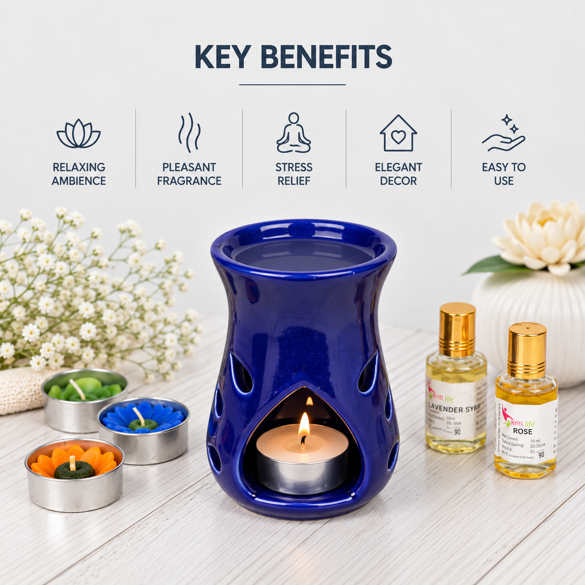 Ceramic Aroma Oil Burner for Camphor & Essential Oils | Blue Fragrance Diffuser-5 inches