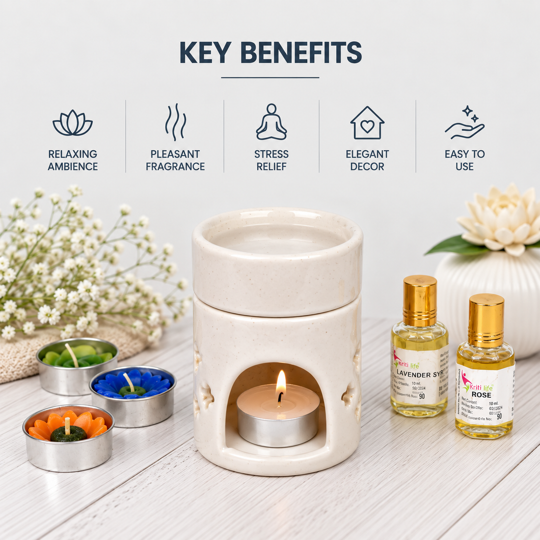 White Ceramic Aroma Oil Burner | Elegant Round Top Diffuser for Meditation, Yoga & Aromatherapy- 4  inches