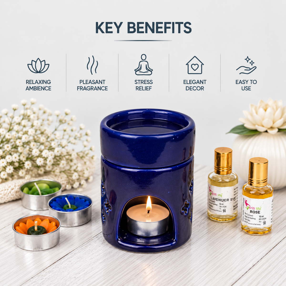 Round Ceramic Aroma Oil Burner (Dark Blue) for Essential Oils & Camphor - 4 inches