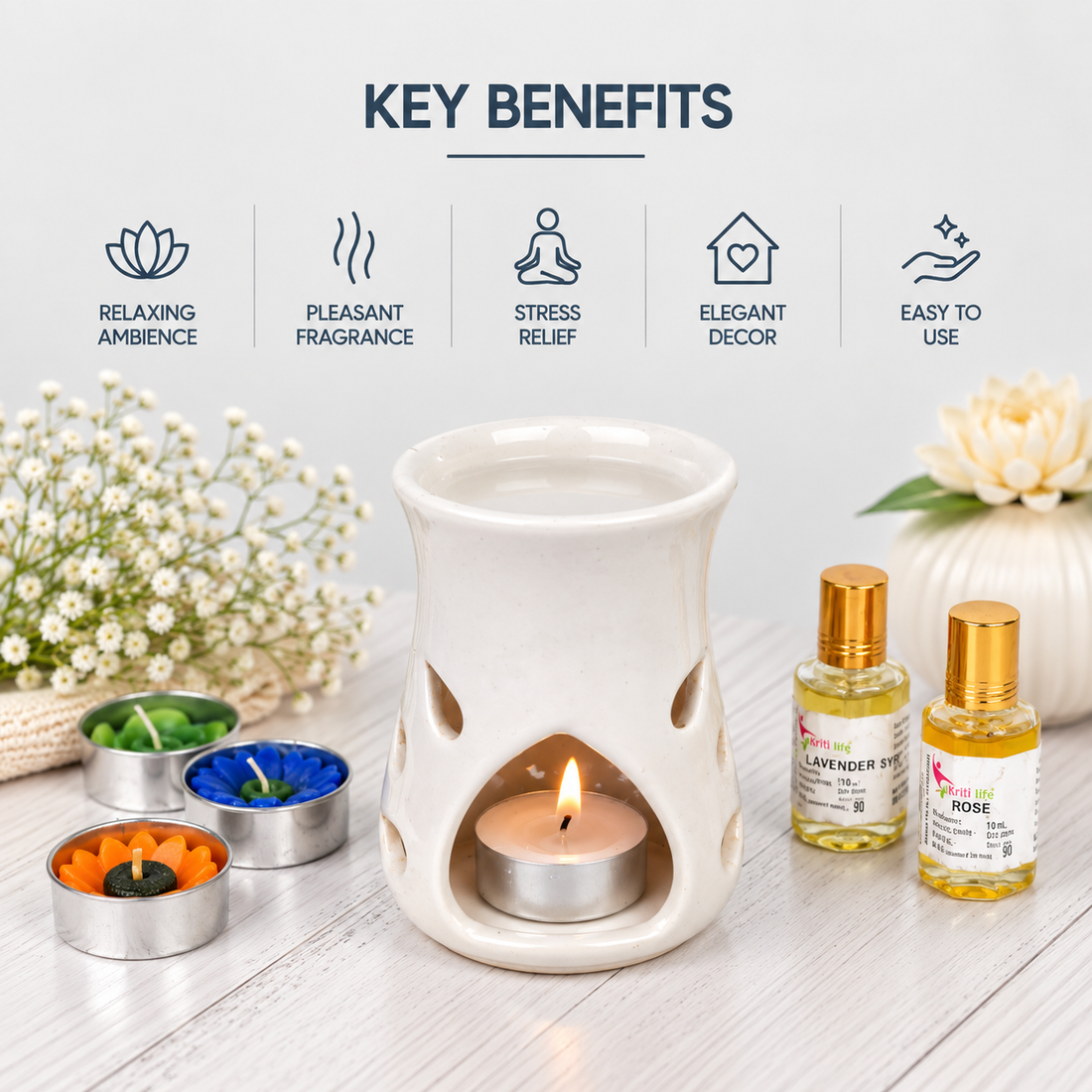 White Ceramic Aroma Oil Burner | Elegant Fragrance Diffuser with Tealight Holder- 5 inches