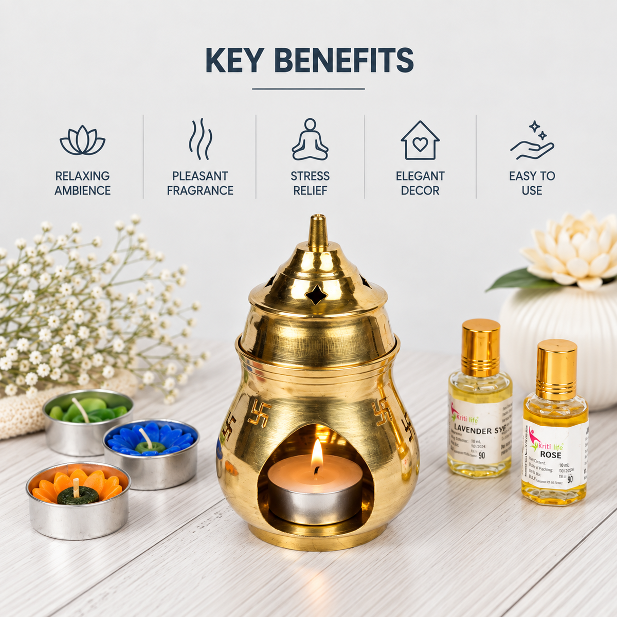 Brass Aroma Oil Burner with Lid & Swastik Design | Camphor & Essential Oil Diffuser -5.5 inches