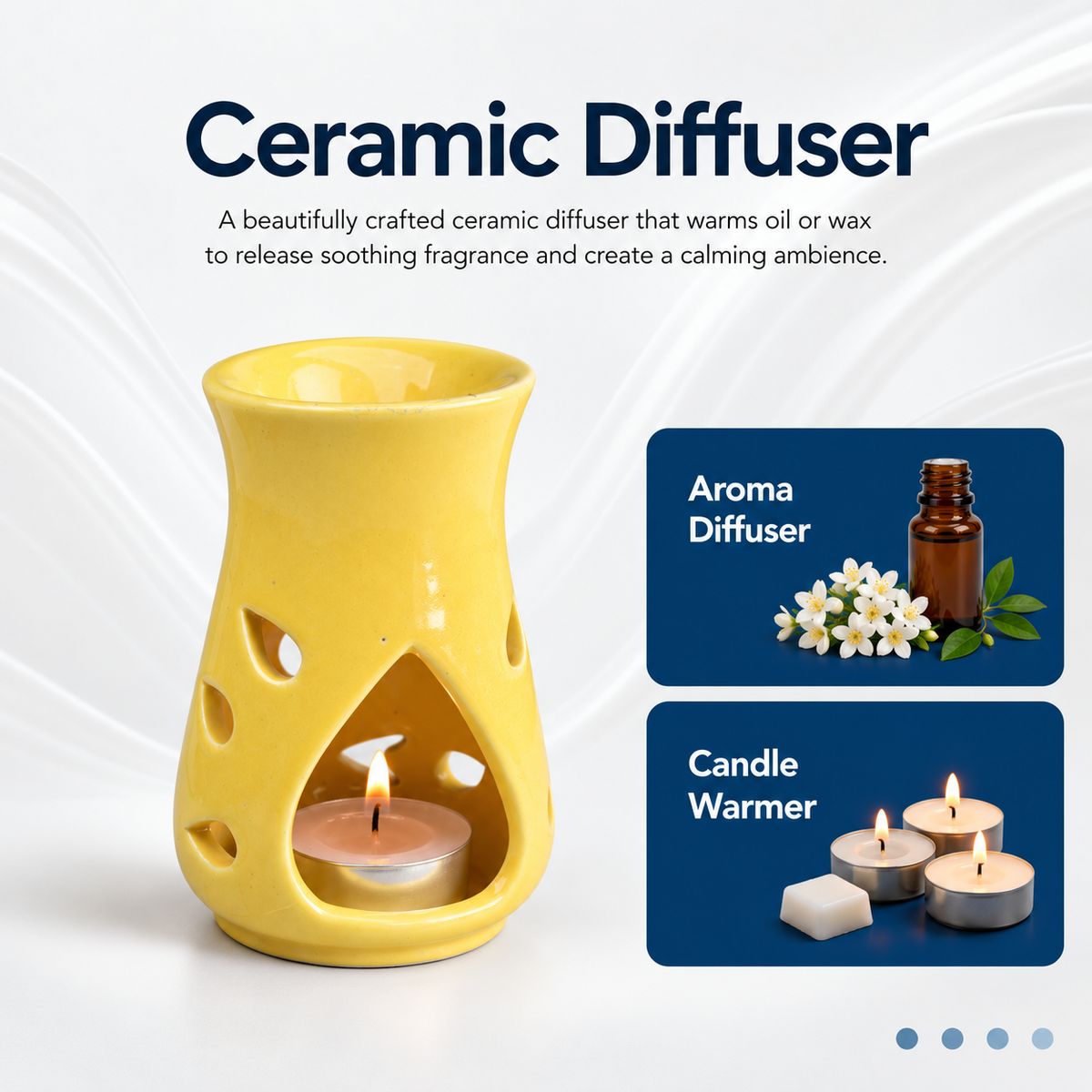 Yellow Ceramic Aroma Oil Burner with Essential Oils | Aromatherapy Diffuser for Home, Spa & Meditation-5 Inches