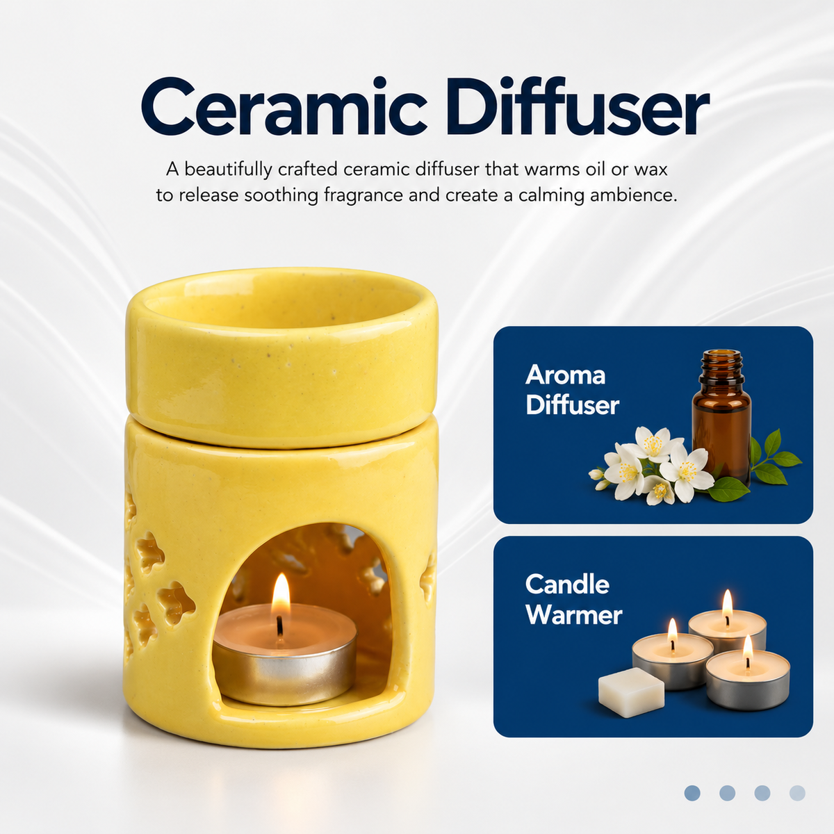 Round Top Yellow Ceramic Aroma Oil Burner | Stress Relief & Aromatherapy Diffuser for Meditation, Spa & Home- 4 inches