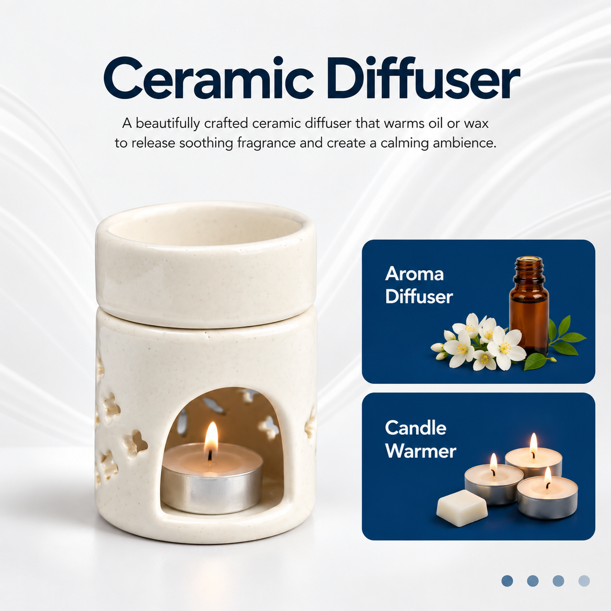 White Ceramic Aroma Oil Burner | Elegant Round Top Diffuser for Meditation, Yoga & Aromatherapy- 4  inches