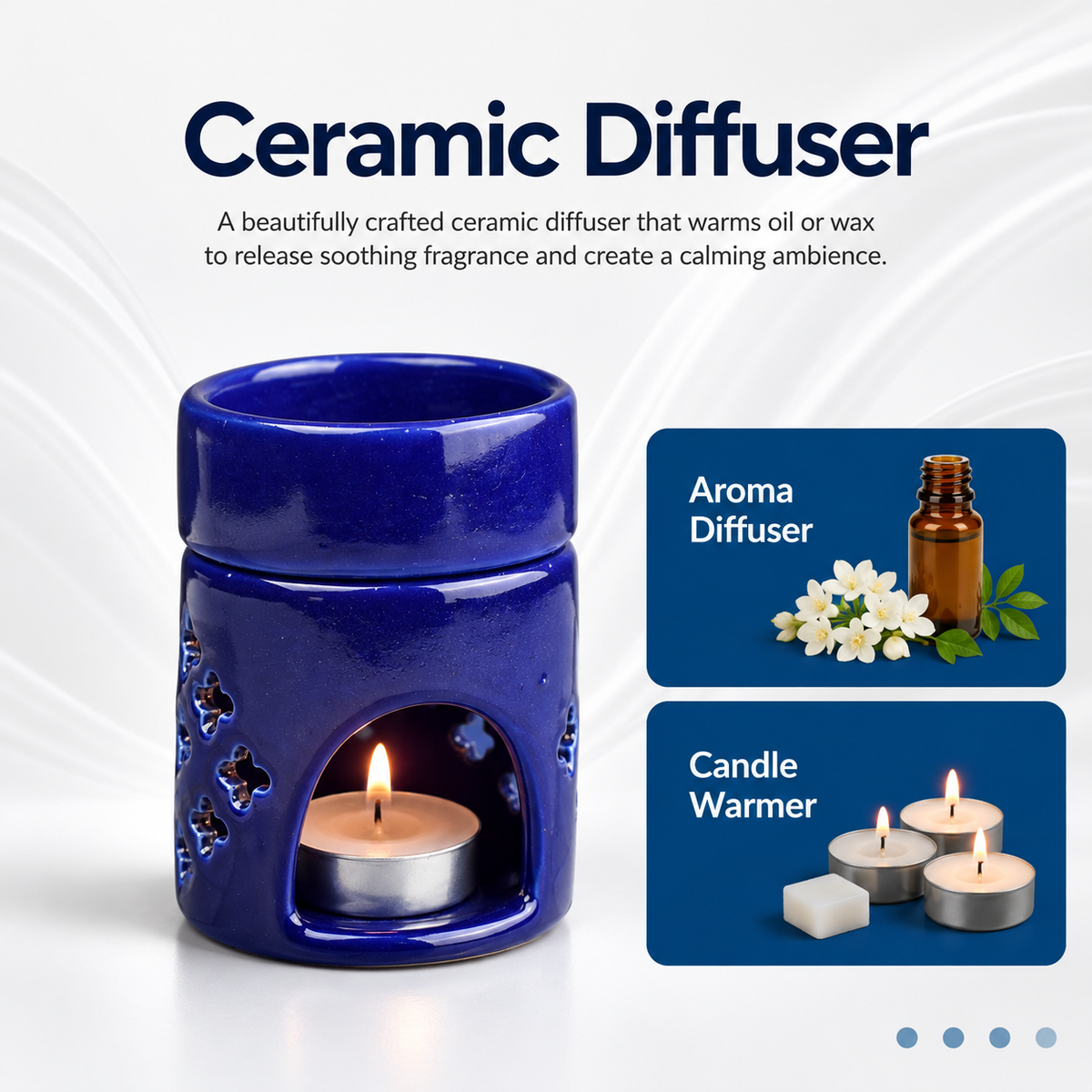 Round Ceramic Aroma Oil Burner (Dark Blue) for Essential Oils & Camphor - 4 inches