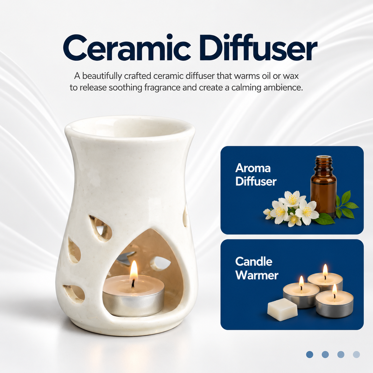 White Ceramic Aroma Oil Burner | Elegant Fragrance Diffuser with Tealight Holder- 5 inches