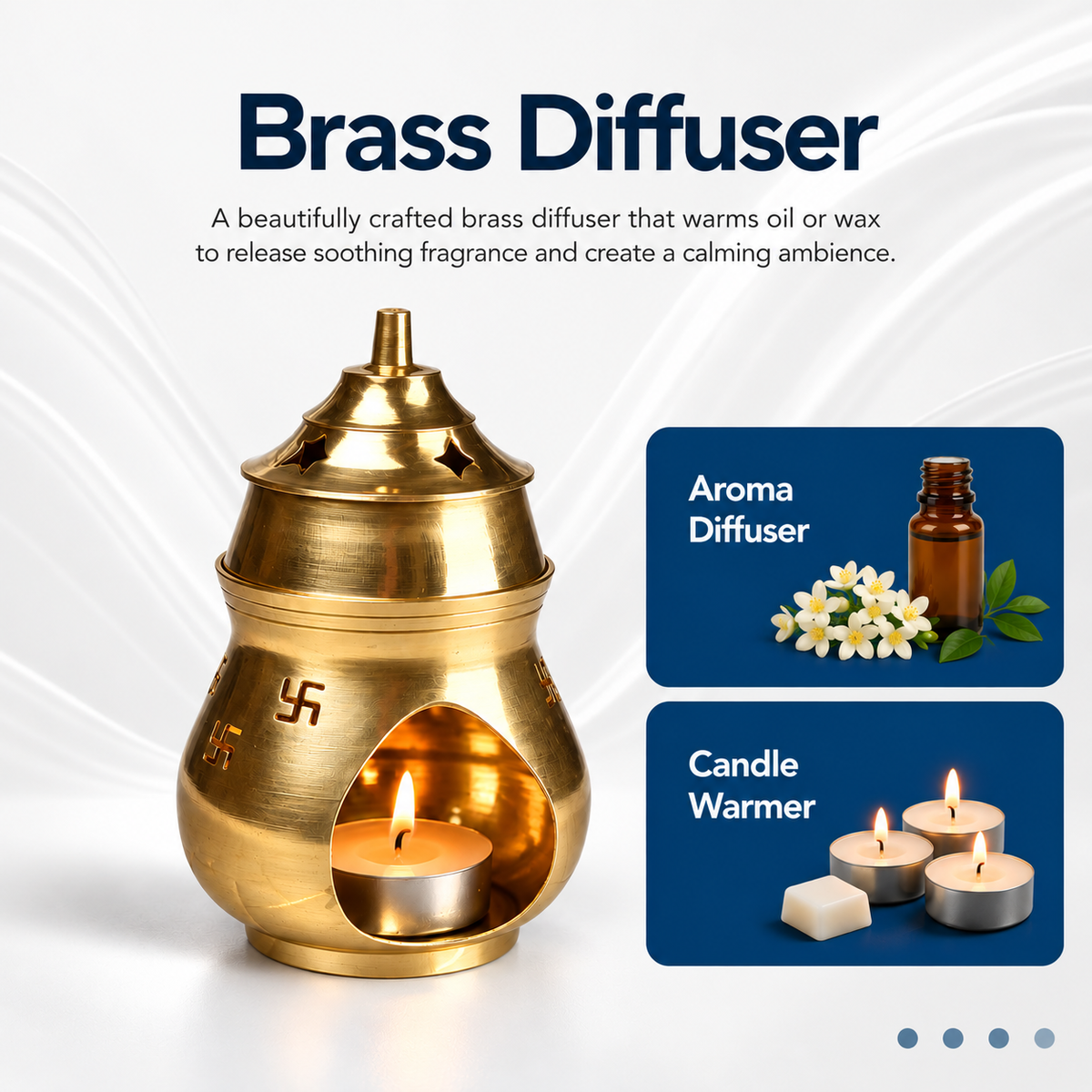 Brass Aroma Oil Burner with Lid & Swastik Design | Camphor & Essential Oil Diffuser -5.5 inches