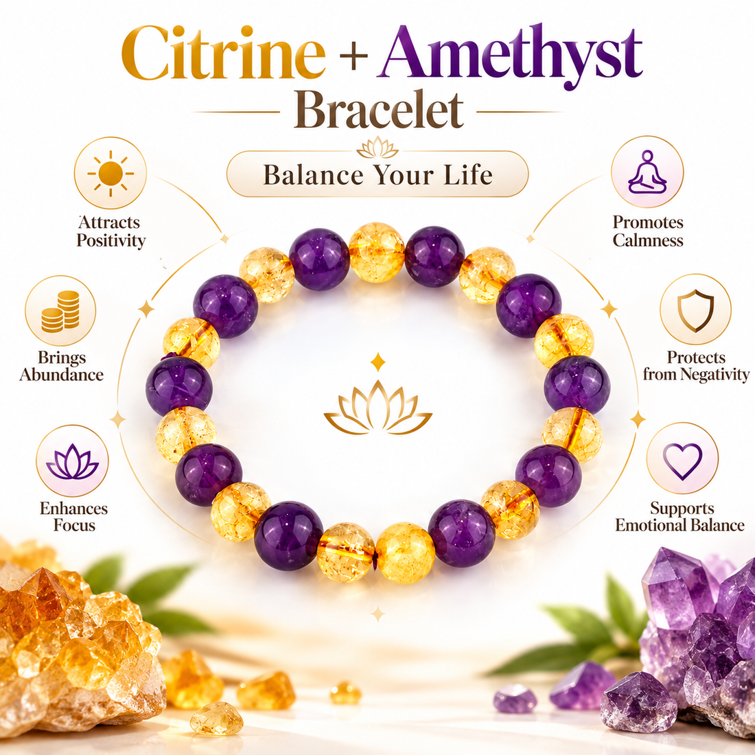 Citrine & Amethyst Bracelet for Positivity, Abundance & Balance – 8mm Natural Stone Beads, Free Size