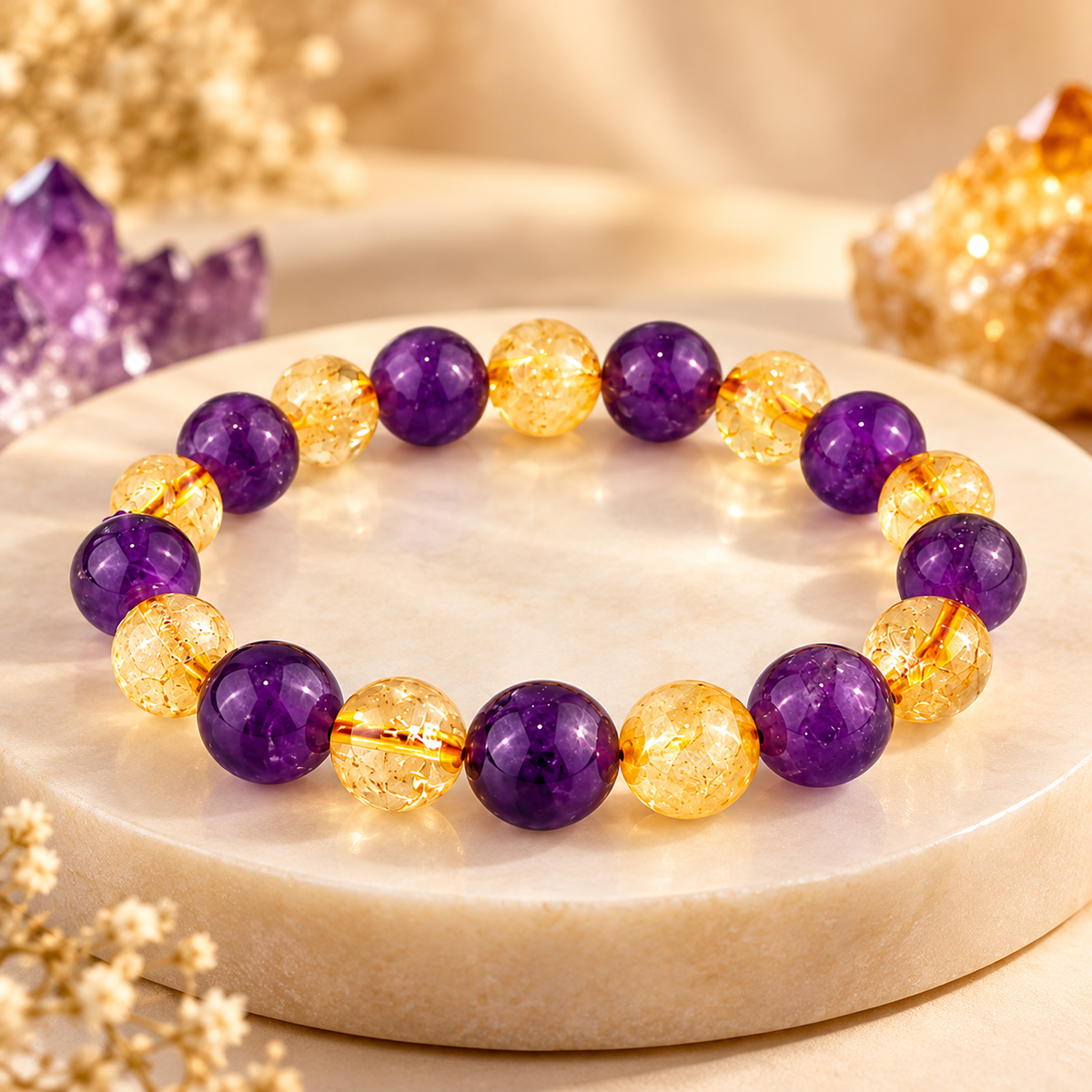 Citrine & Amethyst Bracelet for Positivity, Abundance & Balance – 8mm Natural Stone Beads, Free Size