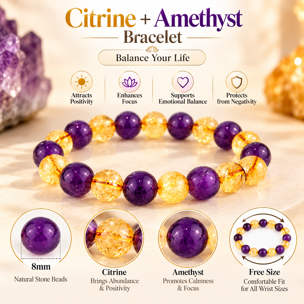 Citrine & Amethyst Bracelet for Positivity, Abundance & Balance – 8mm Natural Stone Beads, Free Size