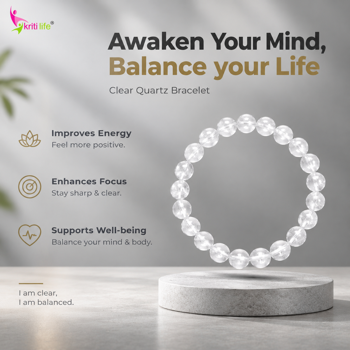 Natural Clear Quartz Crystal Bracelet for Focus, Energy & Healing-10mm