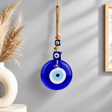 Hanging Evil Eye Protection Charm with Blue Glass Beads & Jute Rope – 26 cm Hight