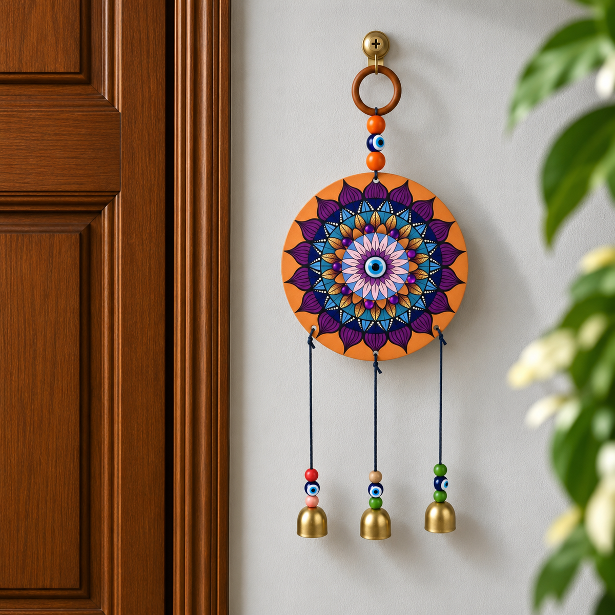 Evil Eye Hanging with Mandala Design | Wall Hanging with Bells for Positive Energy & Home Decor- 30 cm Hight