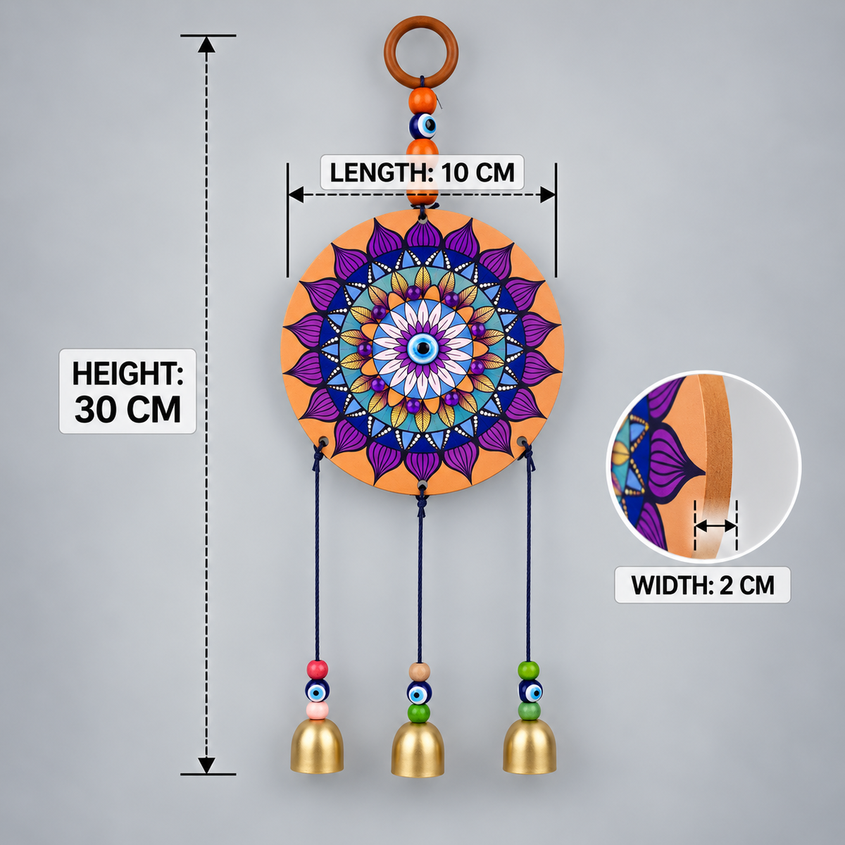 Evil Eye Hanging with Mandala Design | Wall Hanging with Bells for Positive Energy & Home Decor- 30 cm Hight