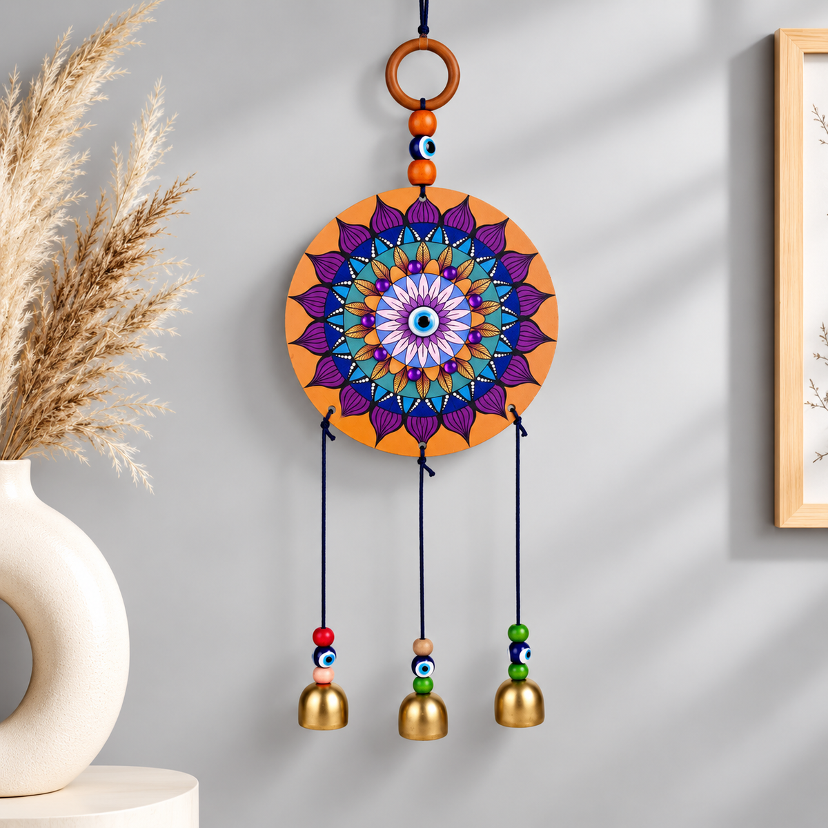 Evil Eye Hanging with Mandala Design | Wall Hanging with Bells for Positive Energy & Home Decor- 30 cm Hight