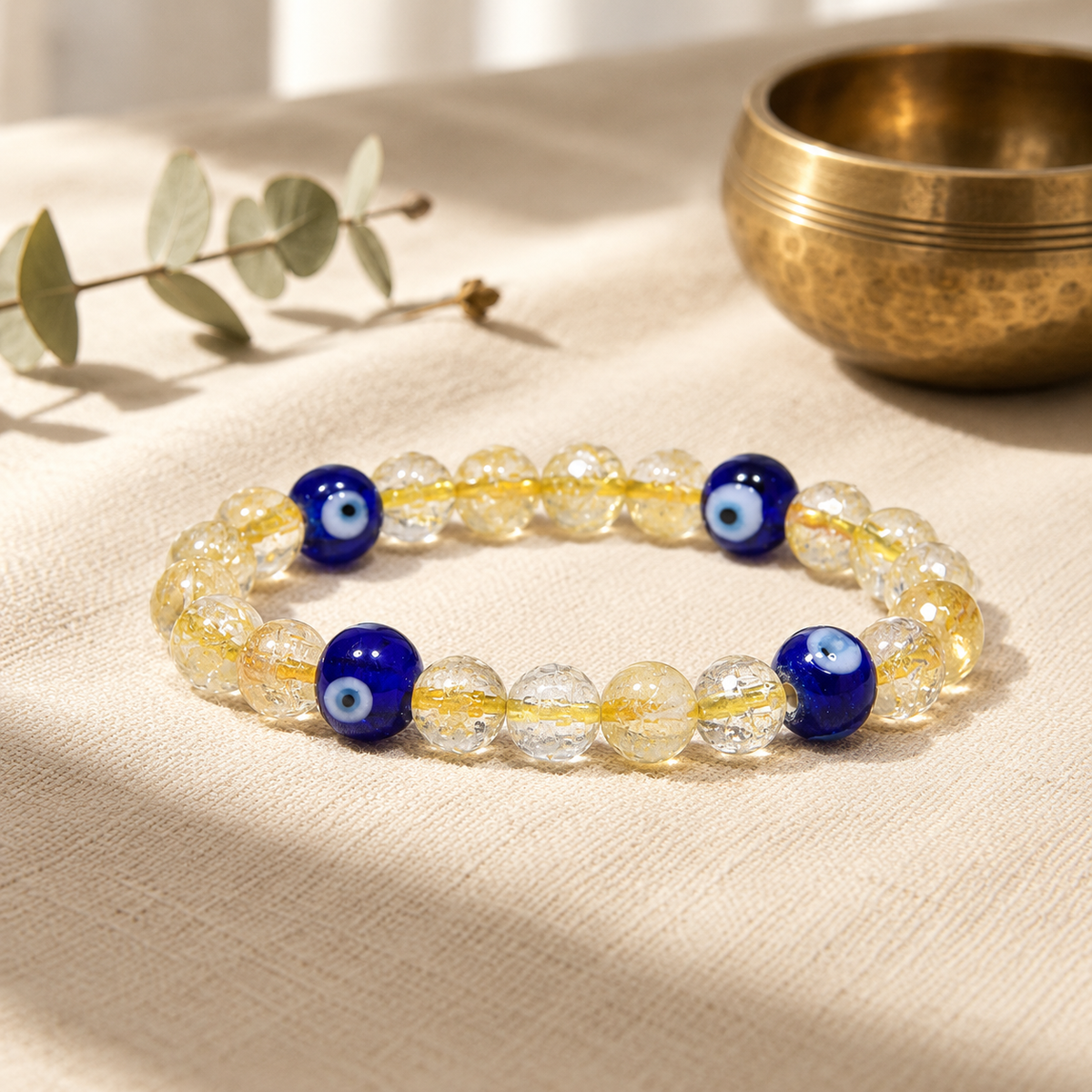 Natural Citrine & Evil Eye Stone Bracelet for Prosperity, Protection - 8mm