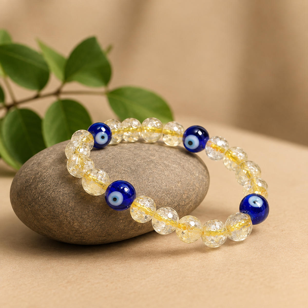 Natural Citrine & Evil Eye Stone Bracelet for Prosperity, Protection - 8mm