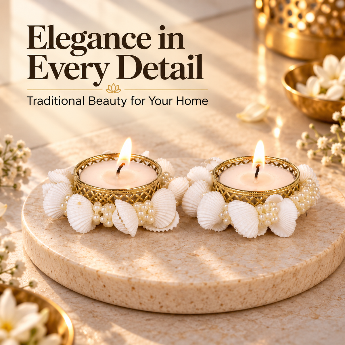 Pearl & Seashell Decorative Tealight Candles – Set of 2 Diya for Diwali Decor