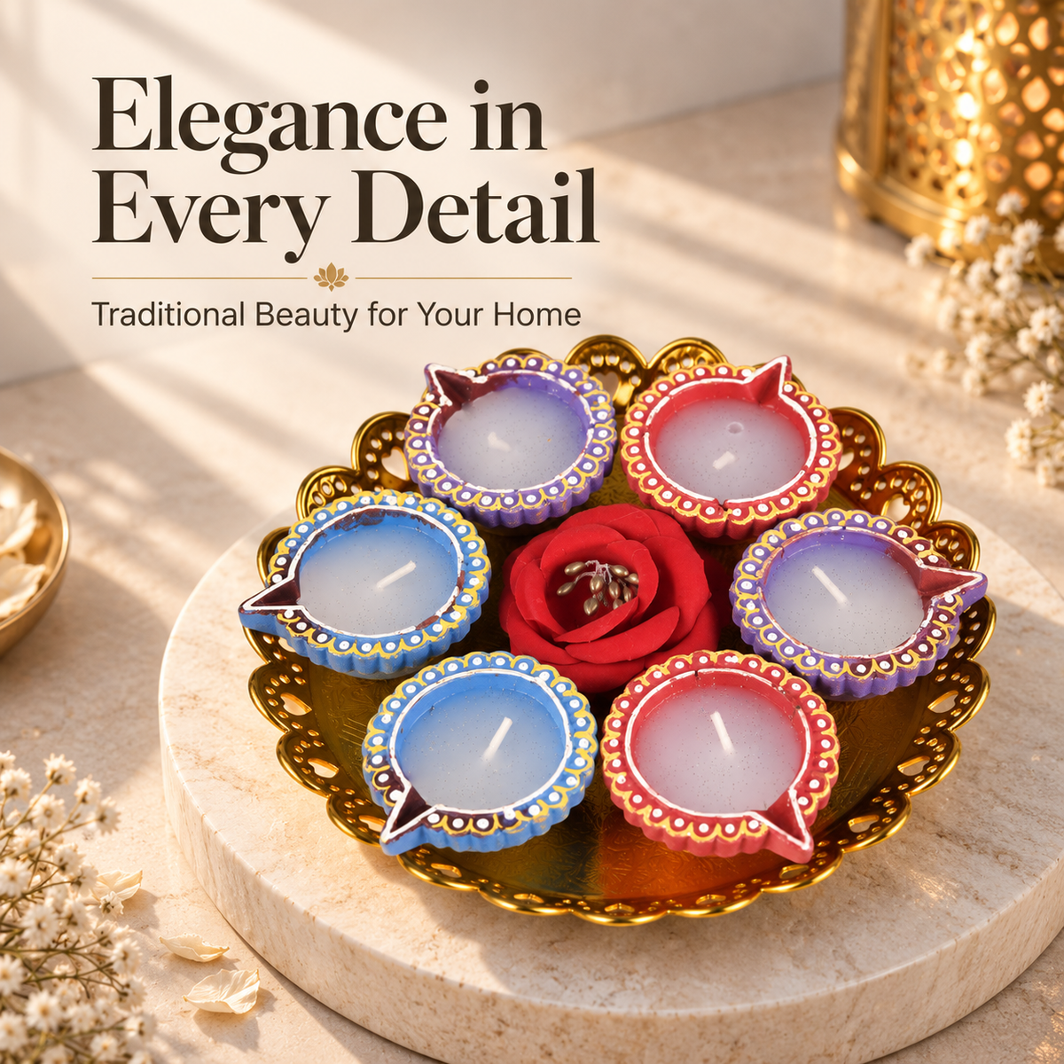 6 Multicolour Decorative Diya Set with Golden Thali for Diwali Decoration