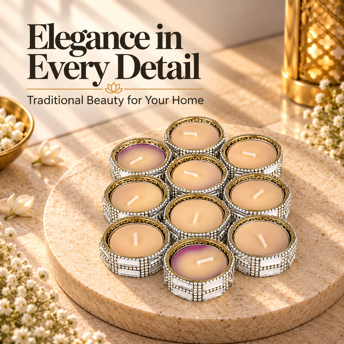 Silver Crystal Decorative Tealight Candles – Set of 10 Diya for Diwali Decor
