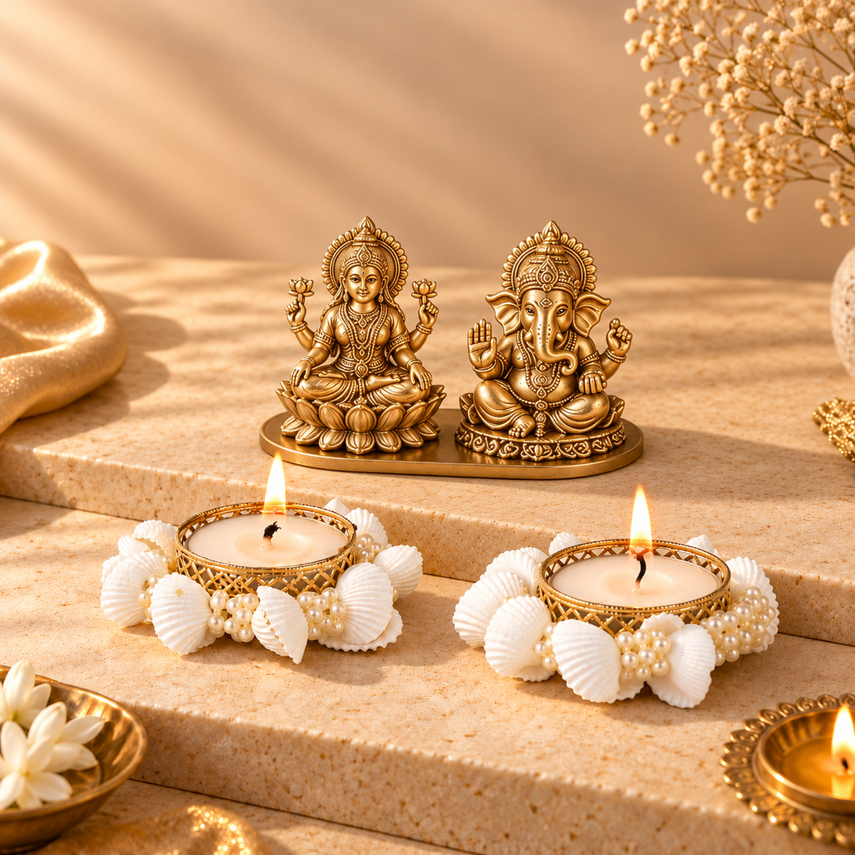 Pearl & Seashell Decorative Tealight Candles – Set of 2 Diya for Diwali Decor
