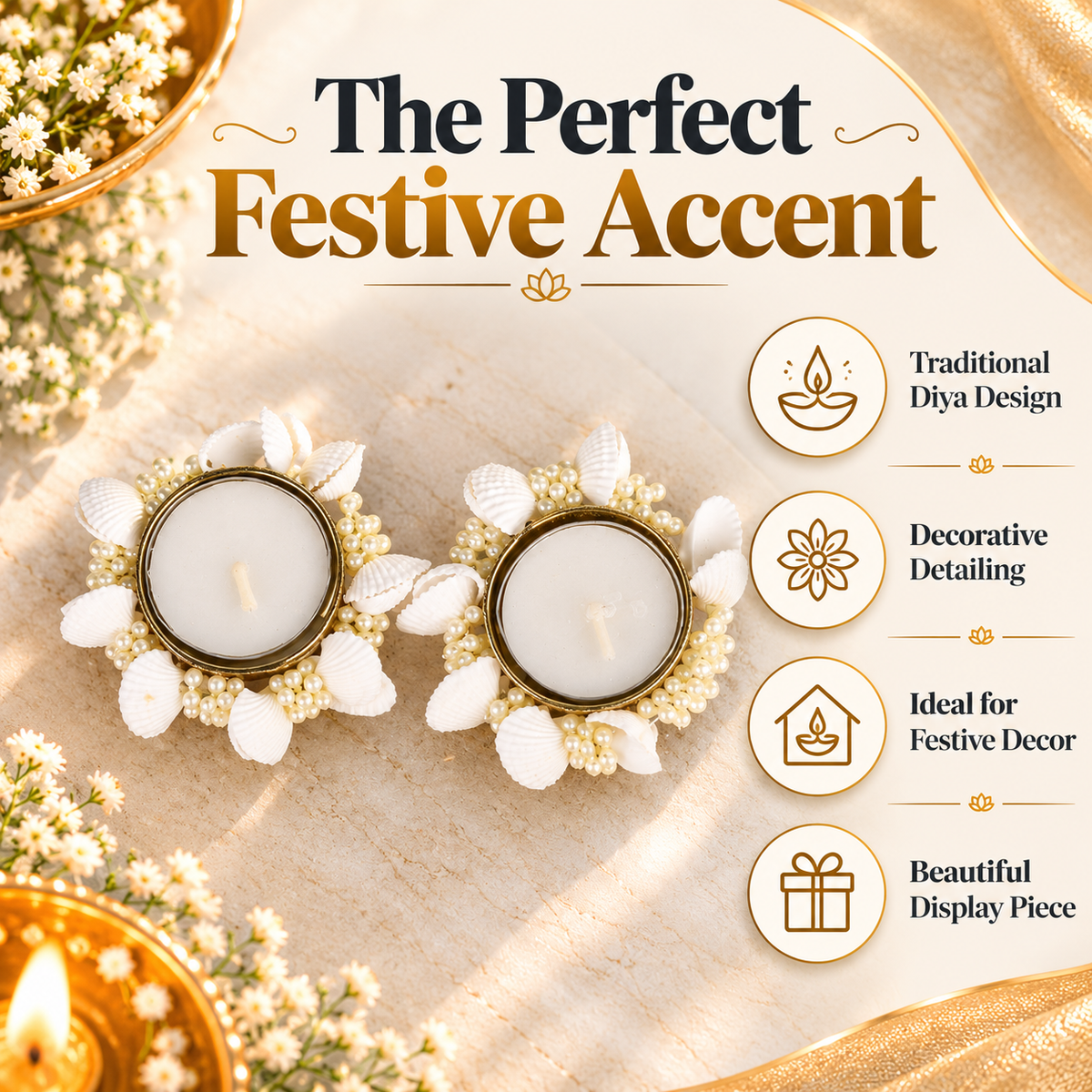 Pearl & Seashell Decorative Tealight Candles – Set of 2 Diya for Diwali Decor