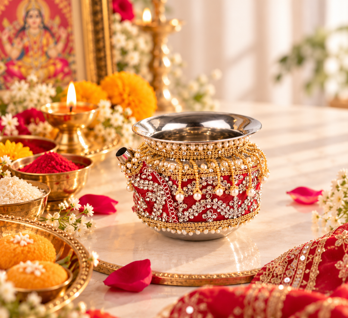 Red & Gold Decorative Karwa Chauth Kalash for Pooja