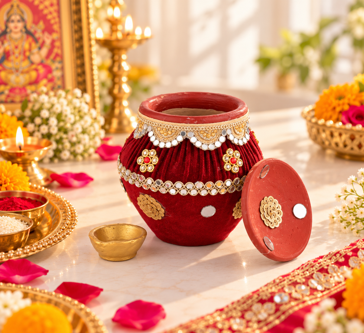 Maroon Velvet Decorative Karwa Chauth Pooja Set with Lid & Diya