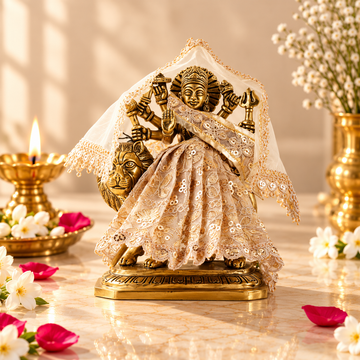 Golden Embroidered Mata Durga Dress for 7-Inch Idol | Traditional Lehenga Choli Set
