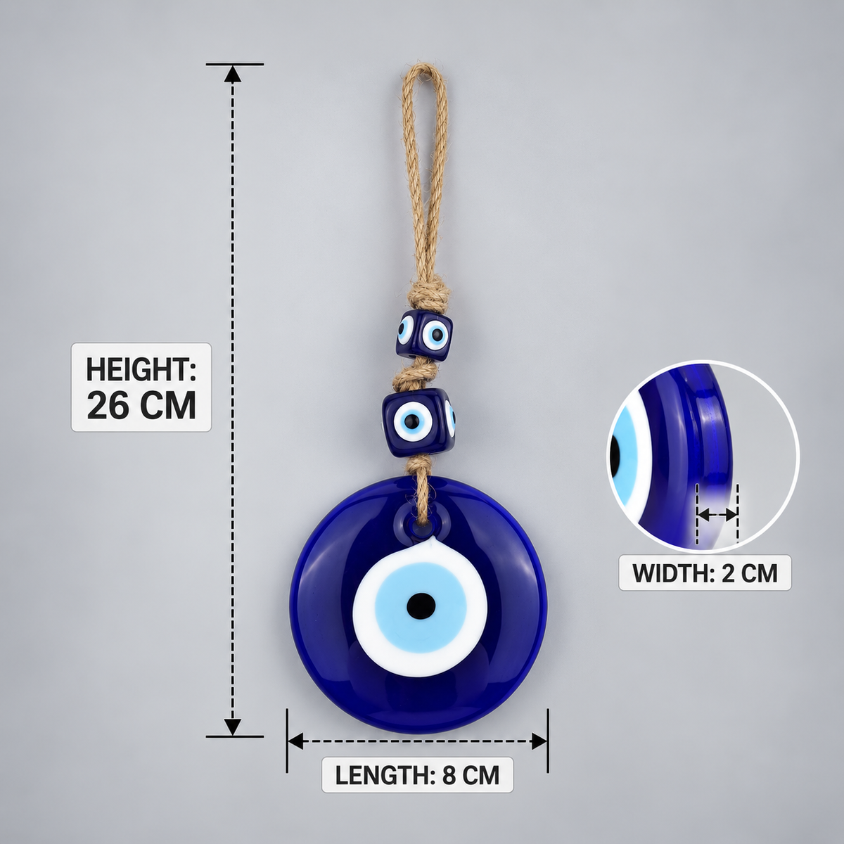 Hanging Evil Eye Protection Charm with Blue Glass Beads & Jute Rope – 26 cm Hight