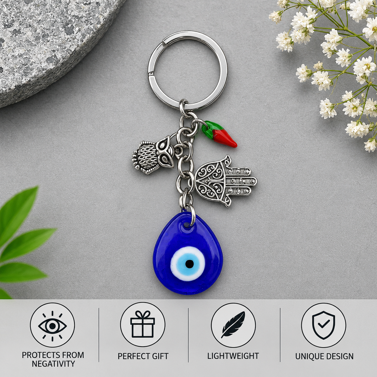 Evil Eye Keychain with Owl, Hamsa & Chilli Charm | Protection from Negativity & Stylish Accessory- 12 cm Hight