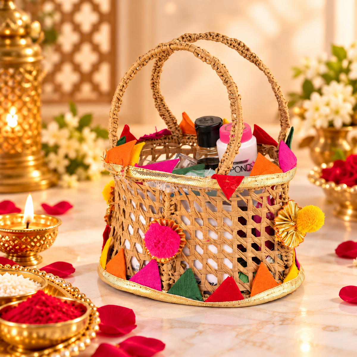 Karwa Chauth Pooja & Makeup Essentials Kit with Decorative Basket