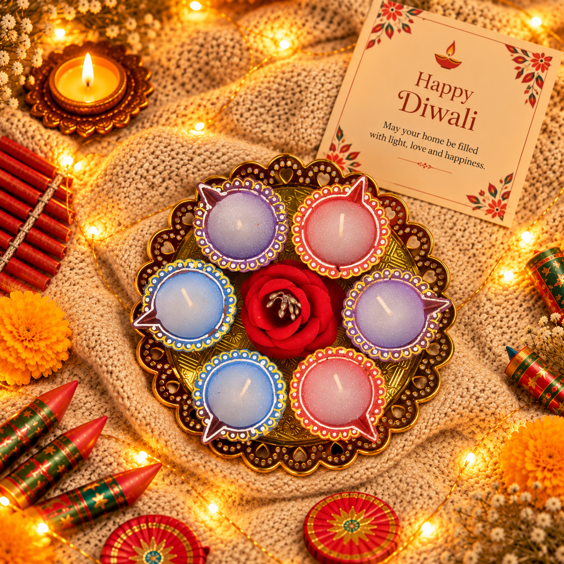 6 Multicolour Decorative Diya Set with Golden Thali for Diwali Decoration