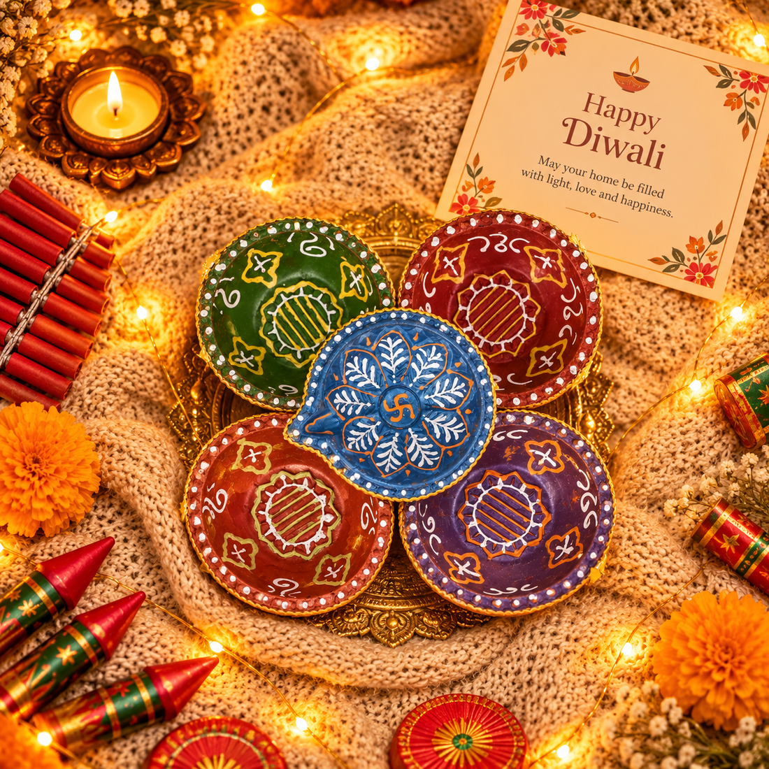 Multicolour Decorative Diya Set of 5 – Traditional Handpainted Style Diwali Diyas